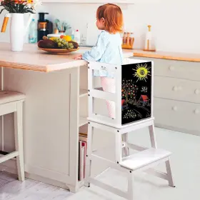 10267 Needux Kids Kitchen Step Stool With Chalkboard And Safety Rail For Toddlers 18 White