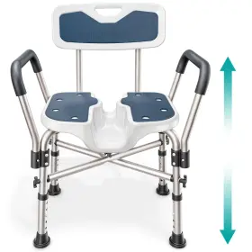 Pelegon 850053523335 Shower Chair Heavy Duty 450lb Padded Armrests Adjustable Height Dark Blue Led