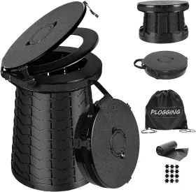 Plogging 768561121014 Xxl Portable Toilet -19.7 Inch H 15 D Adjustable Foldable Camping Black