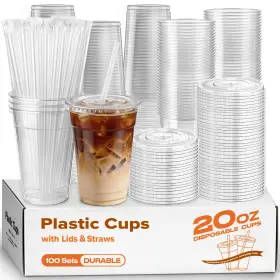 L888 Podjulfa Plastic Cups 100 Pack 20oz Clear Heavy Duty Lids Straws Disposable L888 Podjulfa Plastic Cups 100 Pack 20oz Clear Heavy Duty Lids Straws Disposable