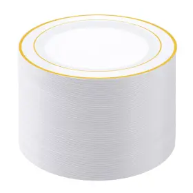 Et33 Pulote Plastic Dinner Plates 100pcs 10 Inch Gold Trim Disposable White Dinenr