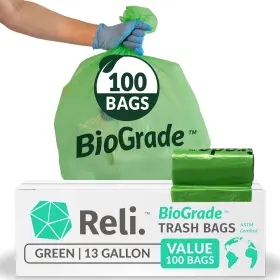 Reli. 606301032216 Biodegradable 13 Gallon Trash Bags 100 Count Pack Of 1 Green