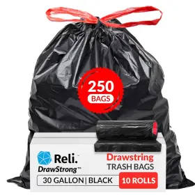 Reli. 606301303385 30 Gallon Trash Bags Drawstring 250 Count Bulk Black