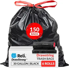 Reli. 606301303392 30 Gallon Trash Bags Drawstring 150 Count Black