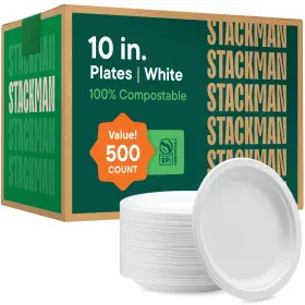 Ds-10p-wh Stack Man Compostable Paper Plates 10 Inch 500 Count Heavy Duty White Bulk Color