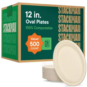 Ds-pov12-br Stack Man Compostable Paper Plates 12.5 Oval Unbleached Heavy Duty Inch 500-bulk