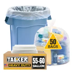 43263-90229 Tasker 55 Gallon Clear Trash Bags 50 With Ties Count Pack Of 1
