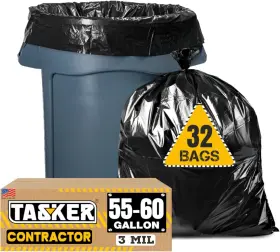 Tasker 655043800720 Contractor Garbage Bags 55 Gallon Heavy 32 Count Pack Of 1 Black