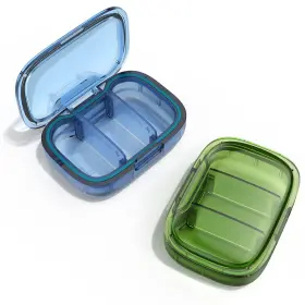 Tecqach 798623169661 2 Pack 3 Compartment Small Pill Box Moisture Proof Case Travel Green Blue