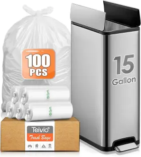 100pcs-15 Teivio 15 Gallon 100 Counts Strong Tall Kitchen Trash Bags Fit 13 16 18 Clear