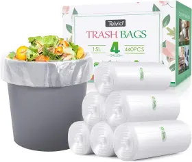 Teivio 739929025572 4 Gallon 440 Counts Strong Trash Bags Garbage 55 Count Pack Of 8 Clear