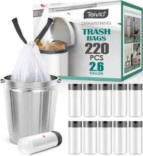 Teivio 739929025831 2.6 Gallon 220 Counts Strong Drawstring Trash Bags Garbage By White