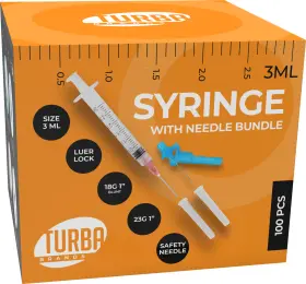 60029 Turba 3ml 23g 1 Inch Safety Cover And 18g Blunt 100ct Bundle With Needle - Lab Use