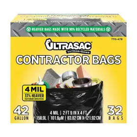 Ultrasac 735692005209 Extra Heavy Duty Contractor Bags - 42 Gallons 4 Mil 32 Pack Black
