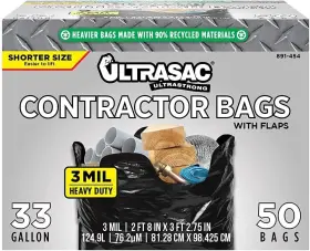 Ultrasac 735692011583 Contractor Trash Bags - 50 Pack/w Ties 1 Count Pack Of Black