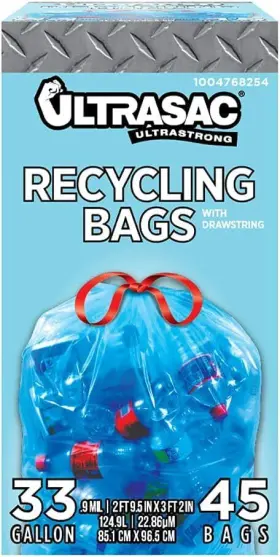 Ultrasac 735692031253 Blue Recycling Bags 33 Gallon 0.9 Mil 33.5 Inch X 38 - Pack Of 45