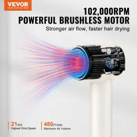 Vevor 197988193135 High-speed Hair Dryer With 102 000rpm Brushless Motor 200 Million Negative Ions