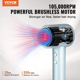 Vevor 197988193371 High-speed Hair Dryer With 105 000rpm Brushless Motor 200 Million Negative Ions