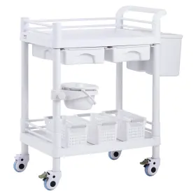 Vevor 197988223986 2 Tiers Lab Carts Mobile Medical Cart Trays Drawers 3 Trash Cans White
