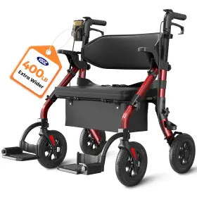 Vocic 850060725975 Walker Wheelchair Combo 2 In 1 400 Lb Capacity Red Rollator Heavy Duty