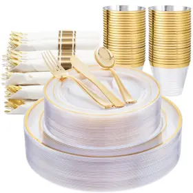 Et00 Wellife Plastic Plates Set 350pcs Clear And Gold Disposable Cups