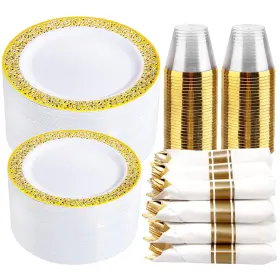 Wled700g Wellife Dinnerware Set 100 Guests Gold Plastic Plates Cups Silverware