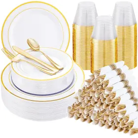 Wlet700g Wellife Plastic Plates 700pcs Gold Dinnerware Set Party Supplies Guests Napkins