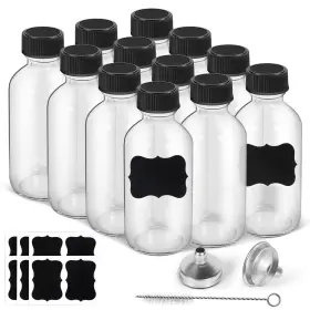 Wewymewo 762849085289 2oz Small Clear Glass Bottles With Lids 2 Stainless Steel Funnel 12 Labels