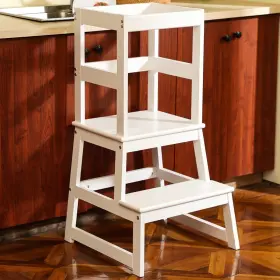 Wiifo 798623427020 Kids Kitchen Step Stool With Safety Rail Wooden Toddler Standing White New