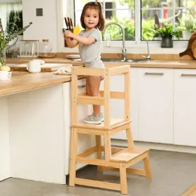 Ah-lt007-natural Wiifo Kids Kitchen Step Stool For With Safety Rail Solid Wood Natural