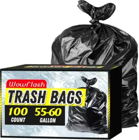 Wowflash 630130885125 100 Count 55-60 Gallon Trash Bags Sturdy And 1 Pack Of Black