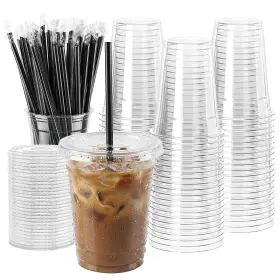 Wuhuixoz 781044700551 Plastic Cups Lids Straws 12oz Clear 200 Sets Disposable Iced Coffee