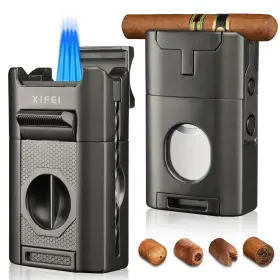 Xf-61lh Xifei Cigar Lighter 6-in-1 Desktop Torch 4 Jet Flame Cutter Punch Gray