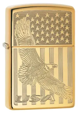 80744 Zippo Lighter Usa Flying Eagle Flag Engraved High Polish Brass