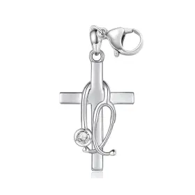 3799 Zuwevbo Cross With Stethoscope Badge Charm Custom Nurse Reel Standard Silvery