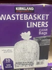 Kirkland Signature 10 Gallon Wastebasket Liners, 500 Bags, Clear .34 Mil New. Price: $35.97.