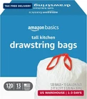 Amazon Basics Tall Kitchen Drawstring Trash Bags, Sturdy And Tear Resistant, 13 New. Price: $27.85.