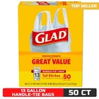 Glad Tall Kitchen Handle-tie Trash Bags 13 Gallon White, 50 Count New. Price: $30.36.