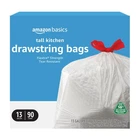 Amazon Basics 13 Gallon Tall Kitchen Drawstring Trash Bags, 90 Count, White New. Price: $22.34.