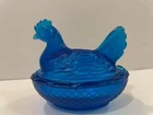 Vintage L.e. Smith Capri Blue Glass Hen On Nest Dish 3/8" X 3" Salter Used. Price: $125.00.