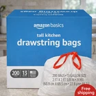 Amazon Basics Tall Kitchen Drawstring Trash Bags, Sturdy, 13 Gallon, Unscented, New. Price: $29.99.