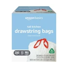 Amazon Basics 13 Gallon Tall Kitchen Drawstring Count (pack Of 200), White New. Price: $49.90.