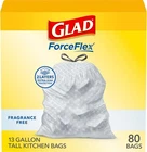 Glad Forceflex Tall Kitchen Drawstring Trash Bags, 13 Gal, Fragrance Free, 80 Ct New. Price: $20.99.