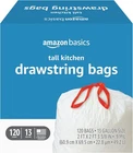 Amazon Basics Tall Kitchen Drawstring Trash Bags, Sturdy And Tear Resistant, 13 New. Price: $35.99.