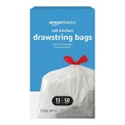 Amazon Basics Flextra Tall Kitchen Drawstring Trash Bags, 13 Gallon, 50 Count, New. Price: $13.09.