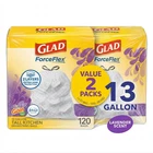 Packs Glad Forceflex Tall Kitchen Drawstring Trash Bags 13 Gallon 120 Count New. Price: $39.89.