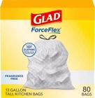 Glad Forceflex Tall Kitchen Drawstring Trash Bags, 13 Gal, Fragrance Free, 80 Ct New. Price: $38.99.