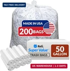 Reli. Premium 50 Gallon Trash Bags 200 Count Made In Usa Heavy Duty Bulk New. Price: $90.98.