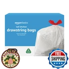 Amazon Basics 13 Gal Flextra Strength Tall Kitchen Drawstring Trash Bags, Clean New. Price: $41.88.