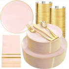 350PCS Pink Plates Disposable - Gold Plastic Dinnerware Set For Guests New. Price: $97.86.